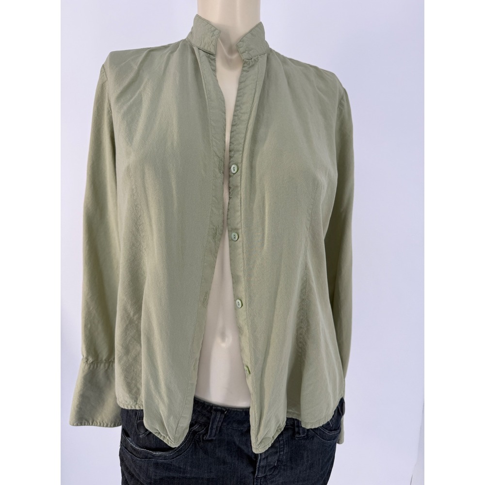 Y2K Tracy M 100% Silk Sage Green Mandarin Collar Blouse Top XL Flare Cuffs